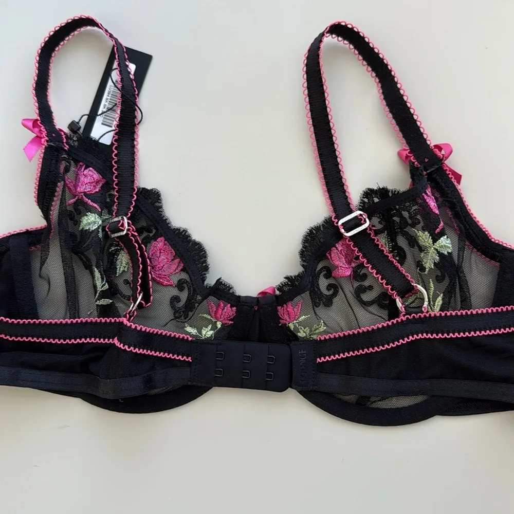 NWT Lounge Bloom Embroidered Balcony Bra 38C Black/Pink